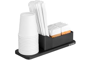 Navaris Small Coffee Station Organizer - Tea and Coffee Condiment Supplies Holder with Stacking Cup Storage - For Kitchen or Office Break Room - Black