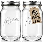 Paksh Novelty Wide Mouth Mason Jars 32 oz, Mason Jars with Lids, 2-Pack | 32 oz mason jars, glass quart mason jars wide mouth