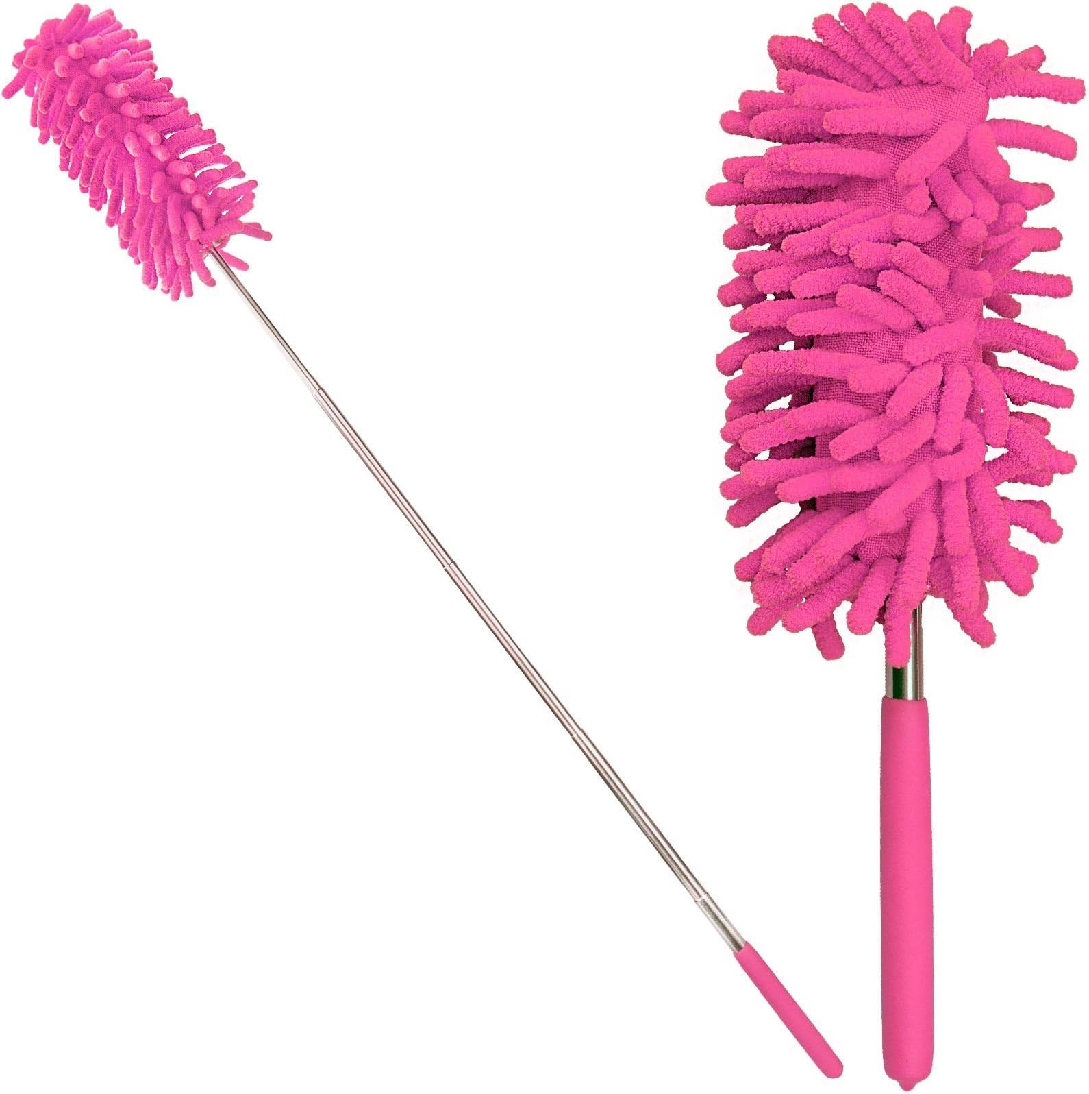 75cm Telescopic Microfibre Cleaning Duster Brush Extendible Soft Grip Handle New Easy Removable 15 X 5cm Washable Dust Head Pink