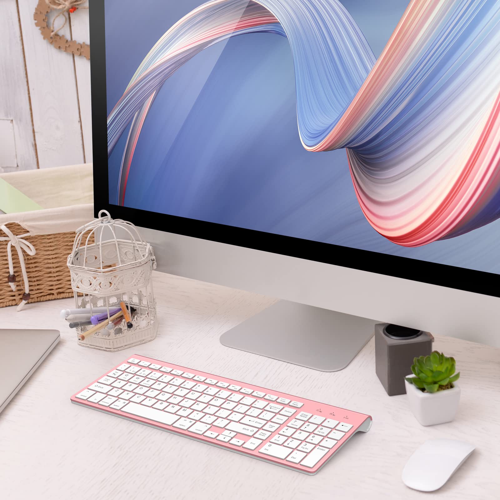 JOYACCESS Bluetooth Wireless Keyboard With Number Pad, Pink, Dual Mode Slim, Connects Up to 3 Devices for iMac/Mac, MacBook, iPad, Laptop, Android, Windows