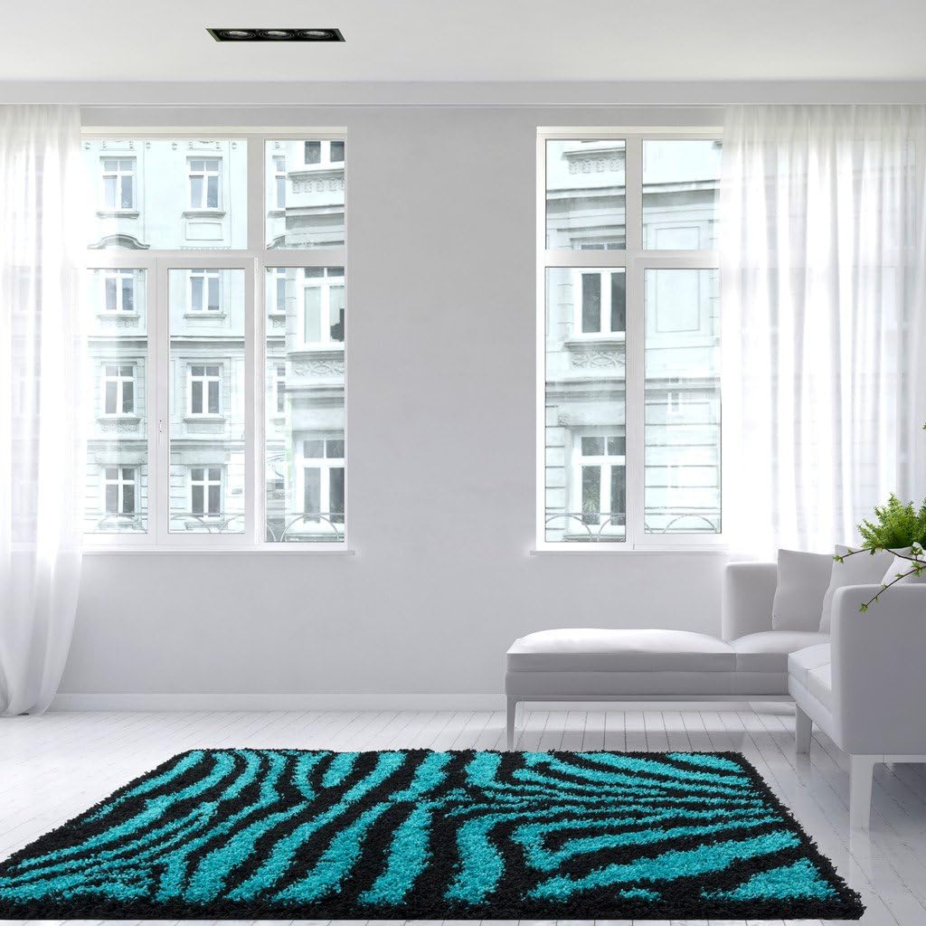 Helsinki Teal Blue Black Zebra Animal Pattern Print Fluffy Shaggy Shag Living Room Area Rug 160cm x 230cm