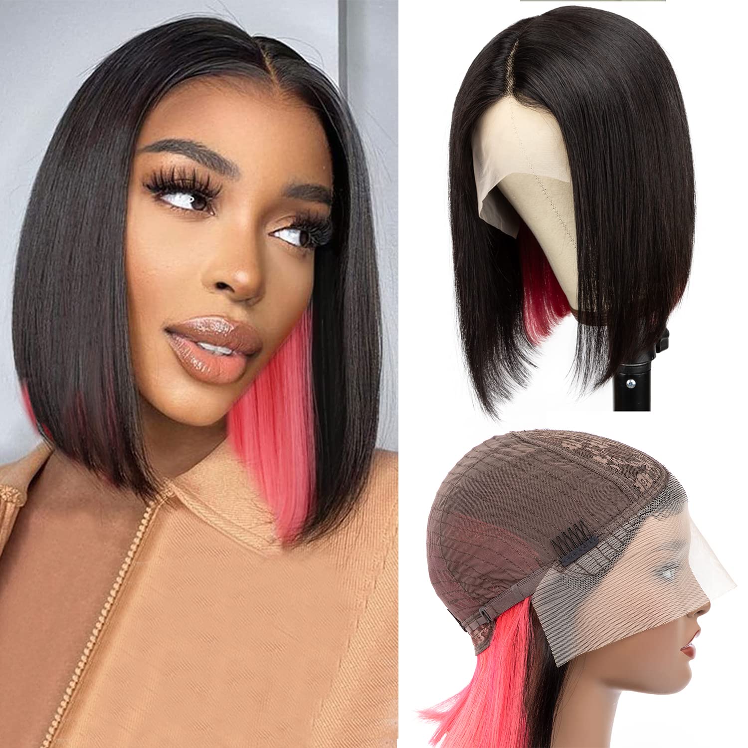 Originea Highlight Bob Wig Human Hair 13x6x1 Lace Front Wig Pink Highlight Ombre Short T-Part Straight Bob Peekaboo Wigs for Women 12 Inch 150% Density (12 Inch, #Pink)
