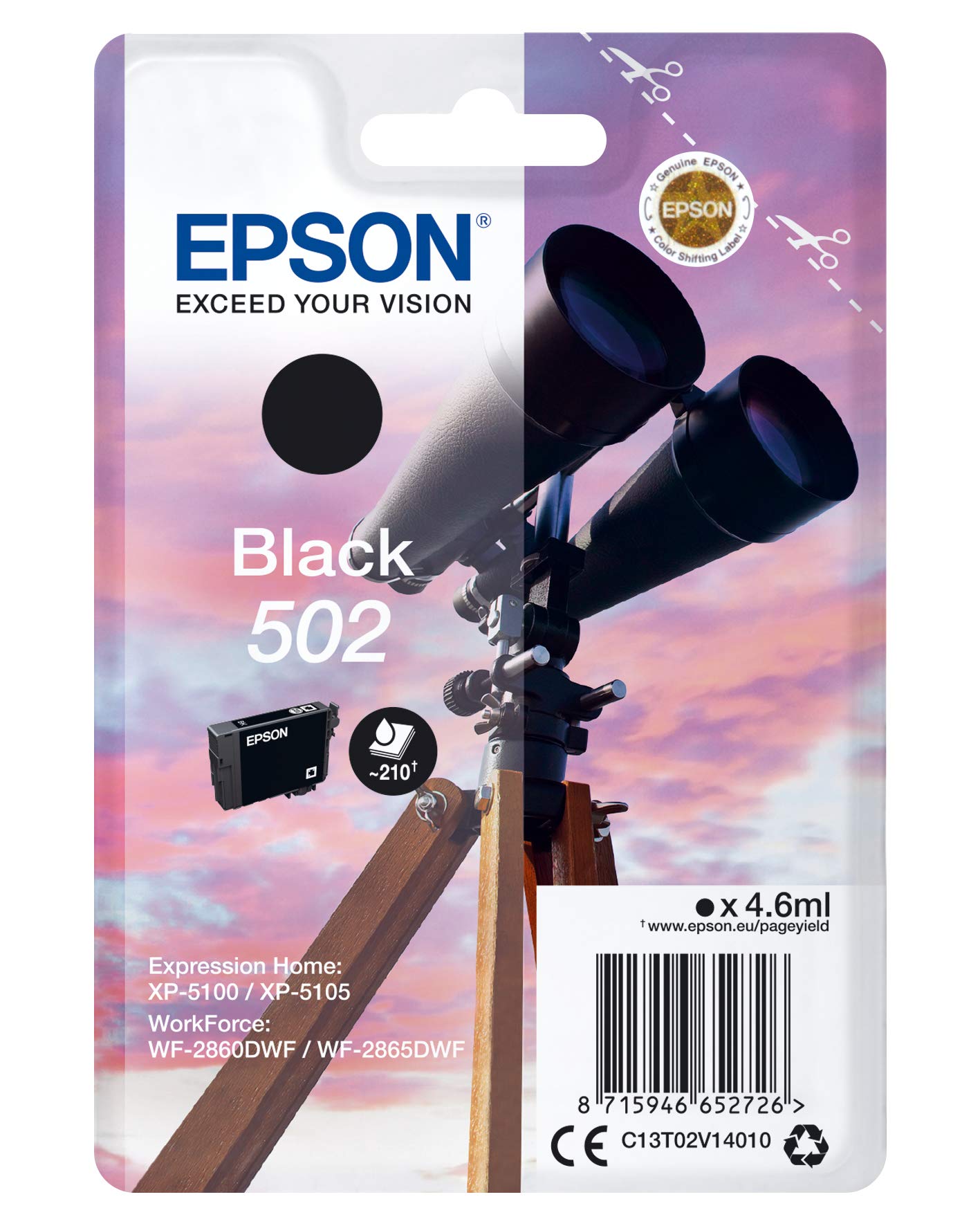 Epson 502 Binoculars Black, Original Ink Cartridge, XP-5100 XP-5105 XP-5150 XP-5155 WF-2860DWF WF-2865DWF WF-2880 WF-2885