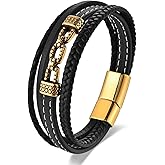 BIYONGDE Mens Braided Black Leather Bracelet with Golden Beaded Chain Accent, Multi-Strand Black Leather and Golden Color Plated Stainless Steel Bracelet for Men, Punk Rock Style