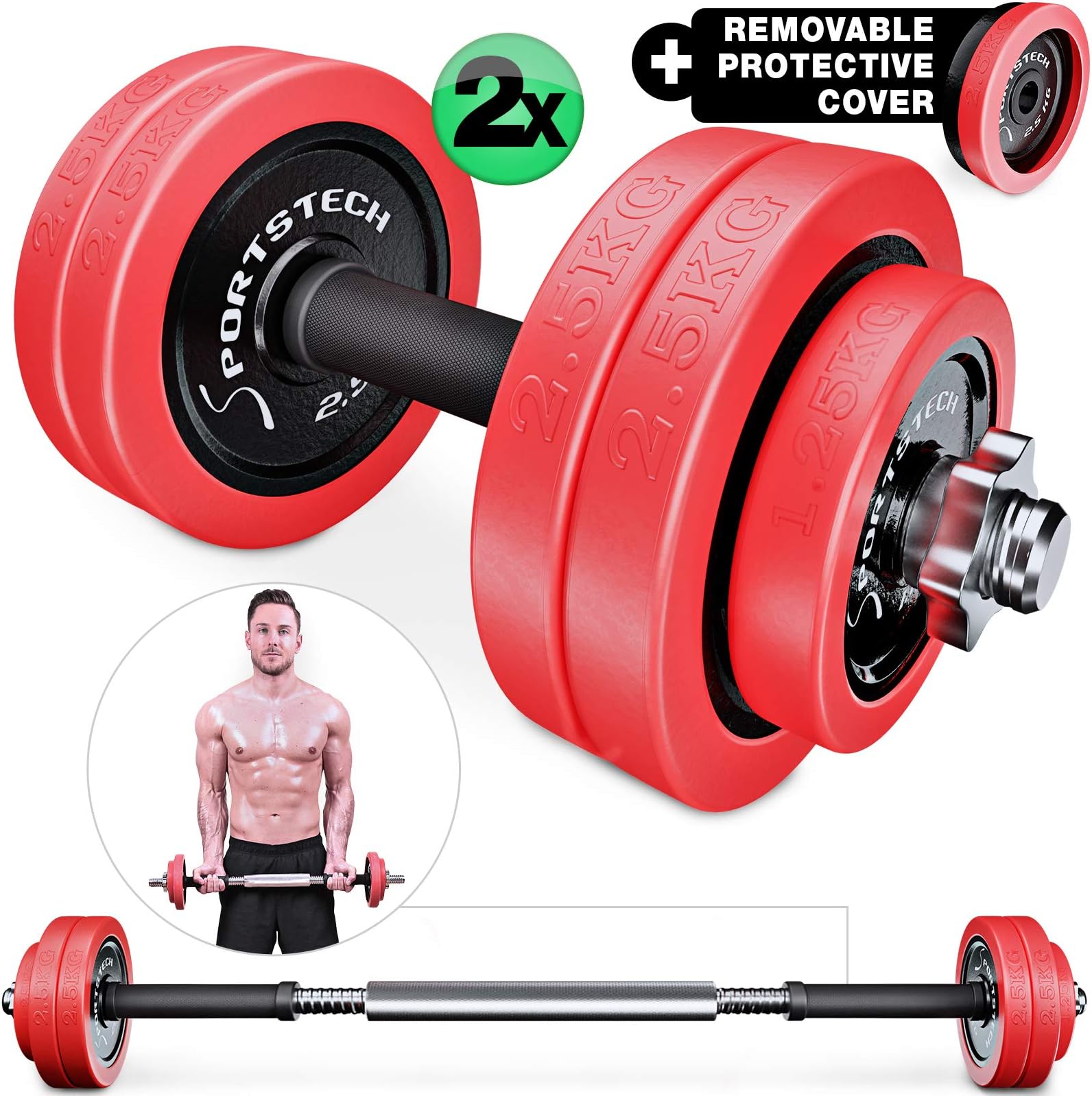 Sportstech 2in1 innovative dumbbell set with silicone cover, dumbbells & barbell in one, dumbbells in 20kg / 30kg from cast iron, effective fitness strength training, dumbbell for your home