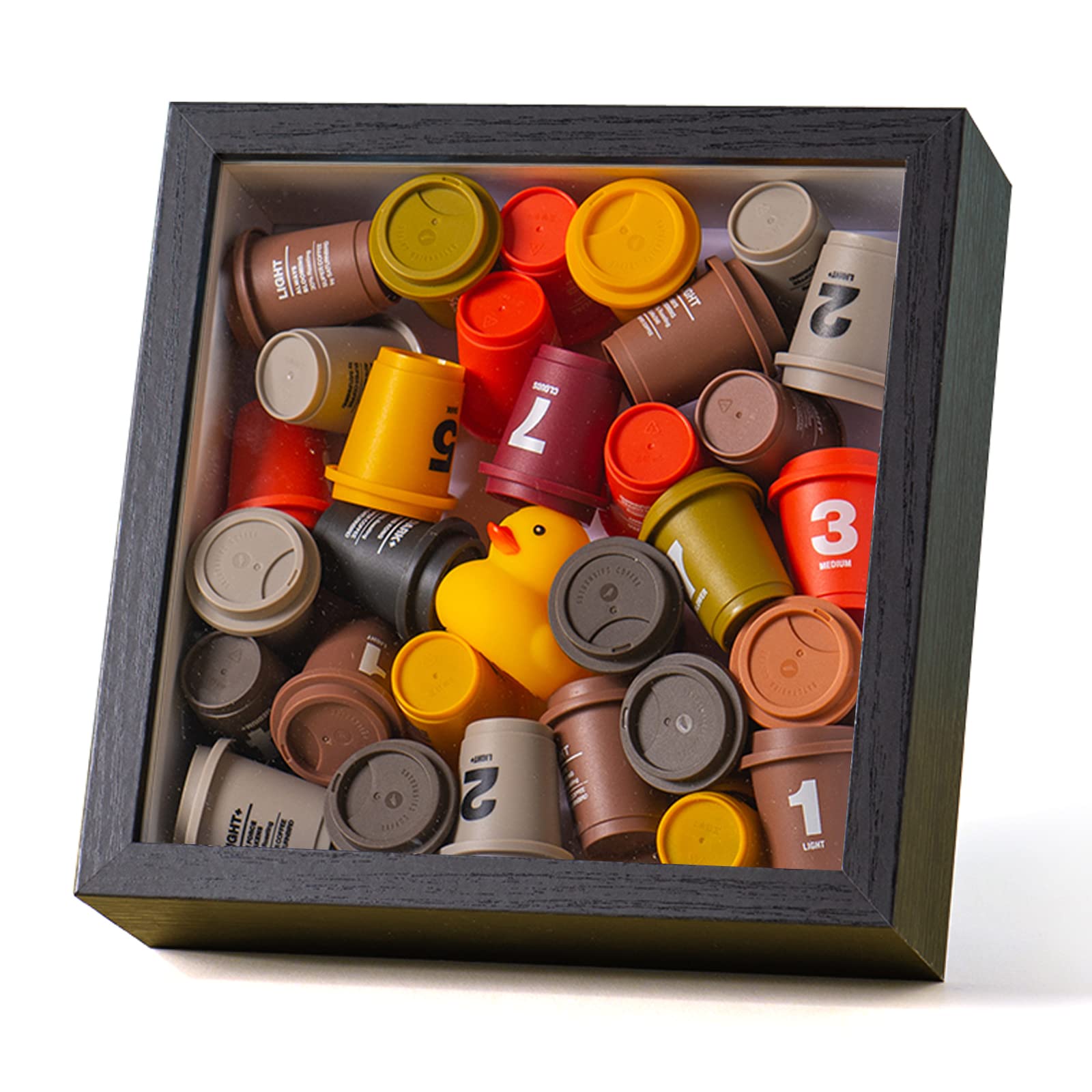 7x7 Shadow Box Frame in Black, 3D Shadow Box Display Case, Coffee Aficionado Memory Box for Coffee Capsule, Collections, Mementos, Collages - Coffee Lover Gifts, Coffee Art Wall Decor(2.3" Depth)