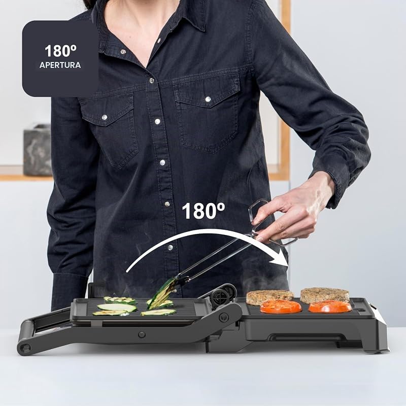 - Parrilla Grill 1000W, Apertura 180°, Antiadherente, Plancha