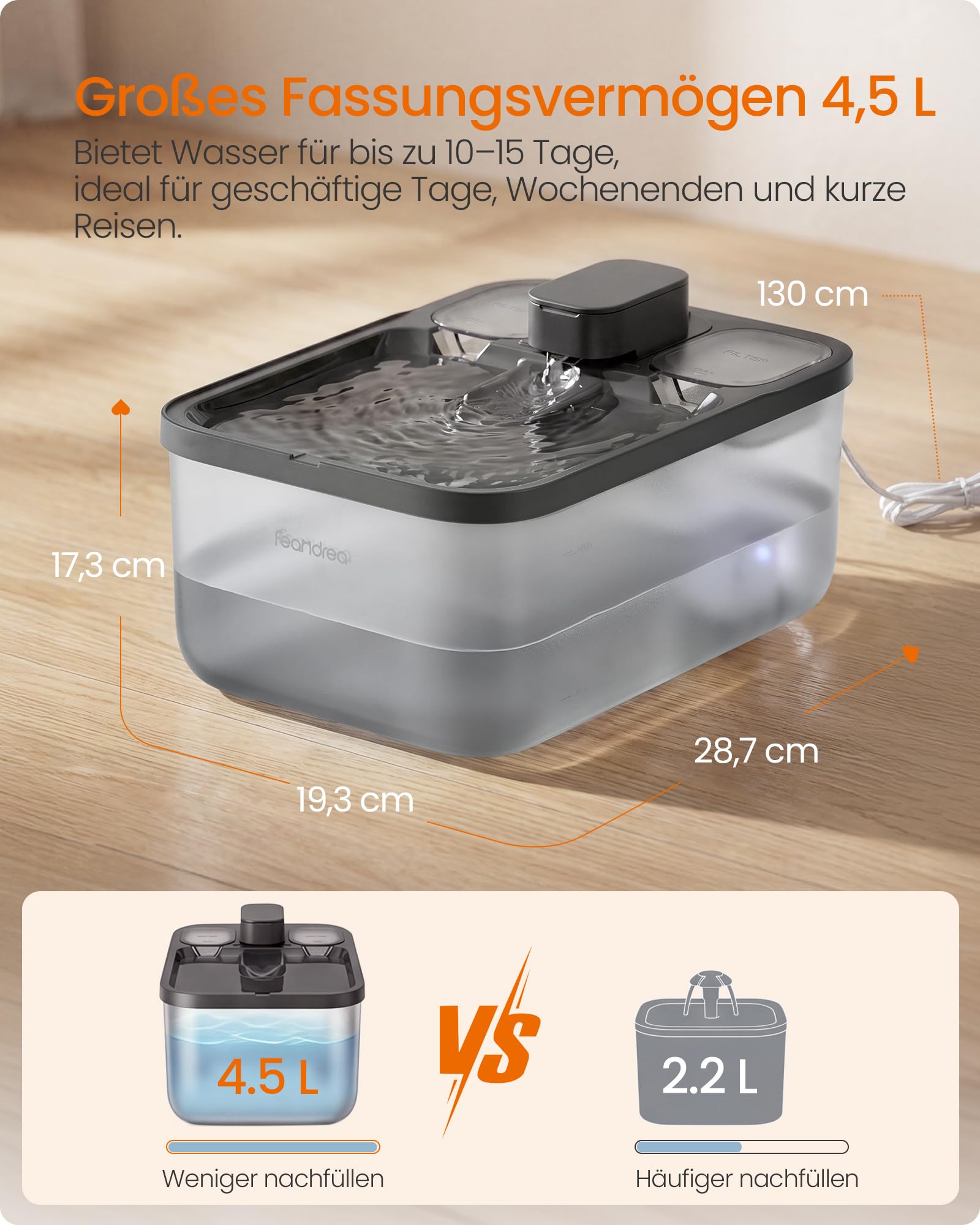 Feandrea Katzenbrunnen, 4,5 L Trinkbrunnen für Katzen, Leiser Haustierbrunnen mit 2 Filtern und 1 Schwamm, Sichtbarer Wasserstand, 28,7 x 19,3 x 17,3 cm, Schwarz, BOXAL Kollektion PWF001B101 3