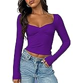ForeFair Women's Sexy Long Sleeve Going Out Tops Pleated Bustier Shirt Cute Sweetheart Neck Y2K Cropped Top
