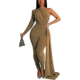Women's Sexy Sparkly One Shoulder Long Sleeve Bodycon Jumpsuits Stretchy Long Pants Clubwear Party Rompers With Belt Rope