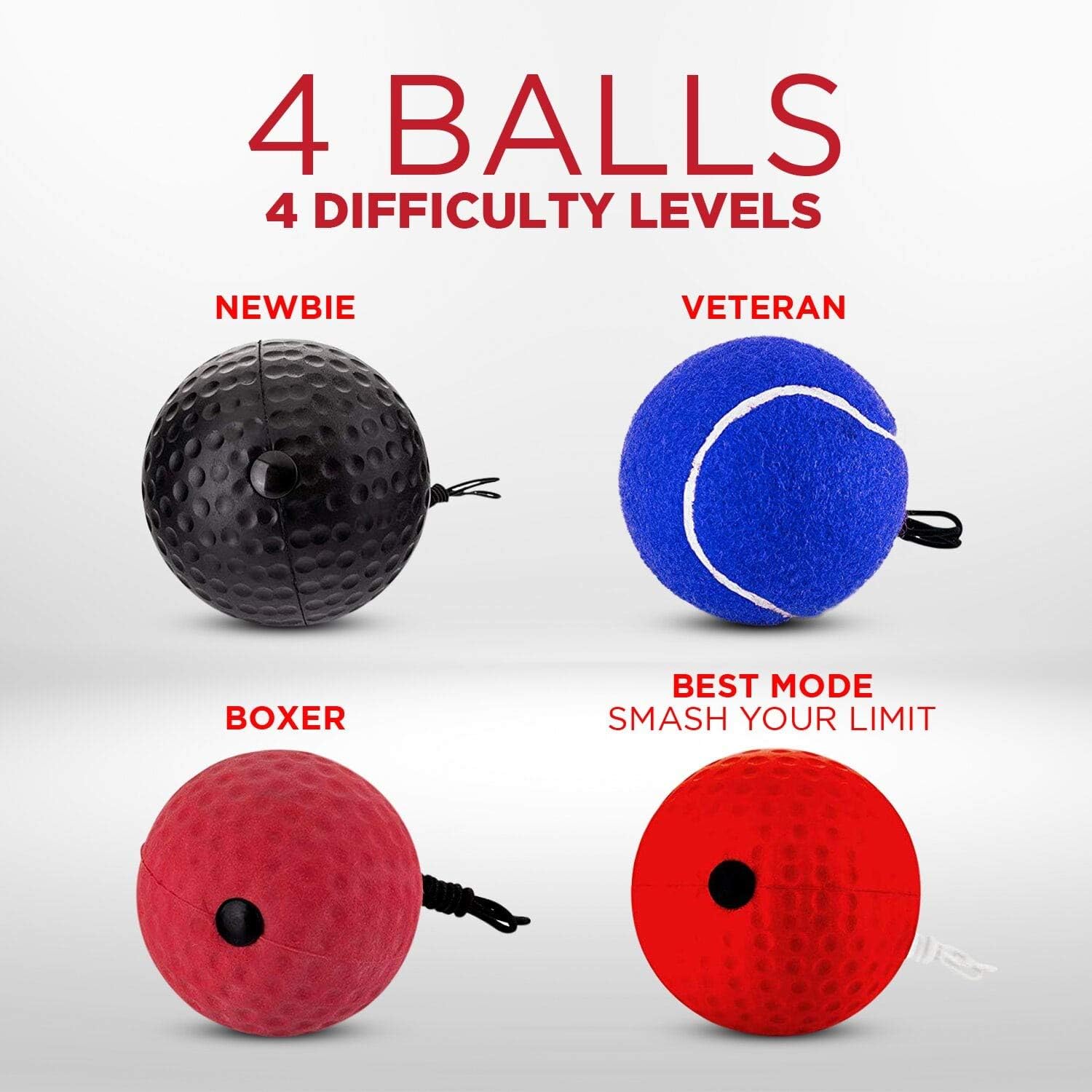Boxing Reflex Ball Set - 4 Difficulty Levels Great for Reaction Speed and Hand Eye Coordination Training Boxing Equipment Fight Speed, Boxing Gear, Punching Ball Reflex Bag Alternative (Set of 4) : Sports & Outdoors