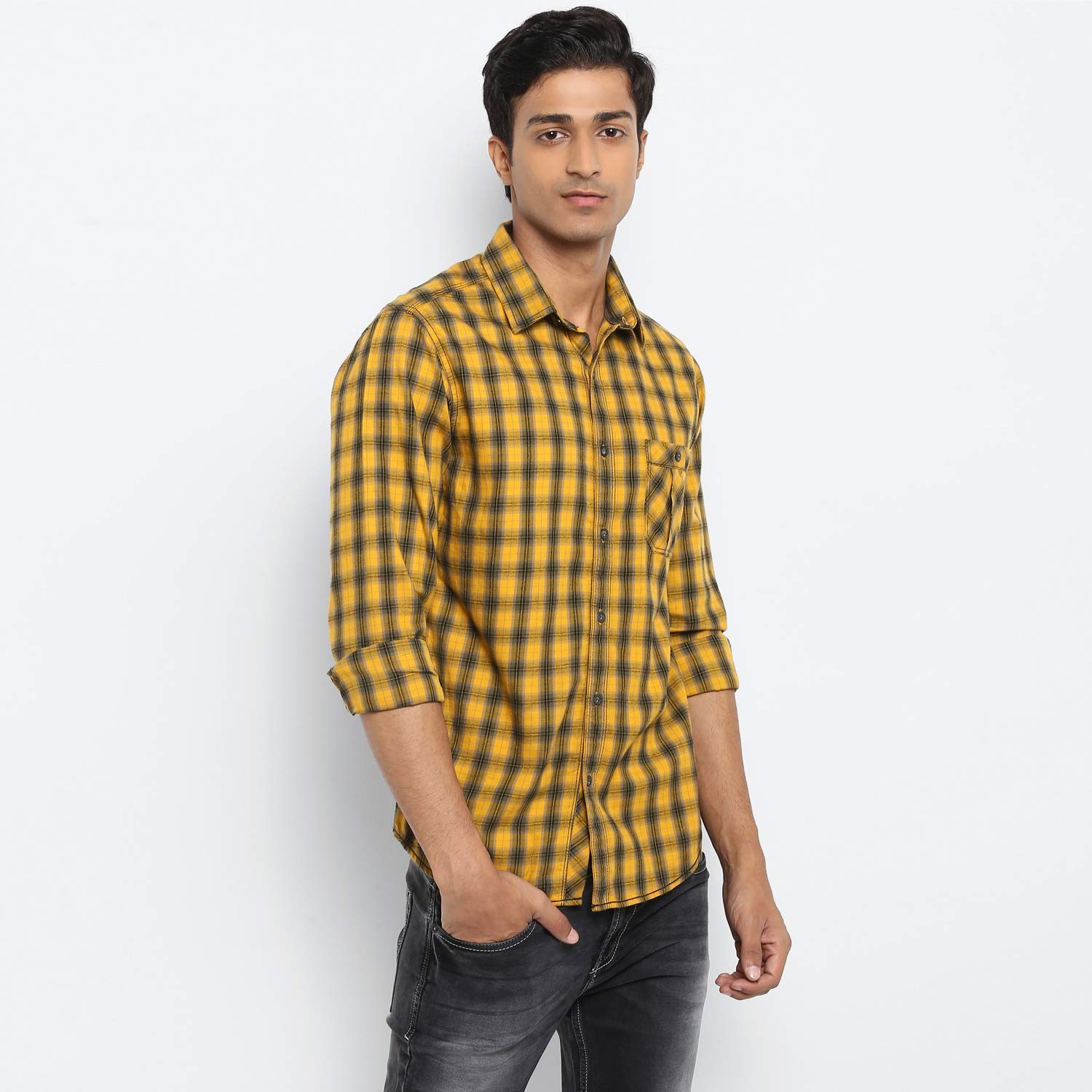 mufti mustard yellow checked casual shirt