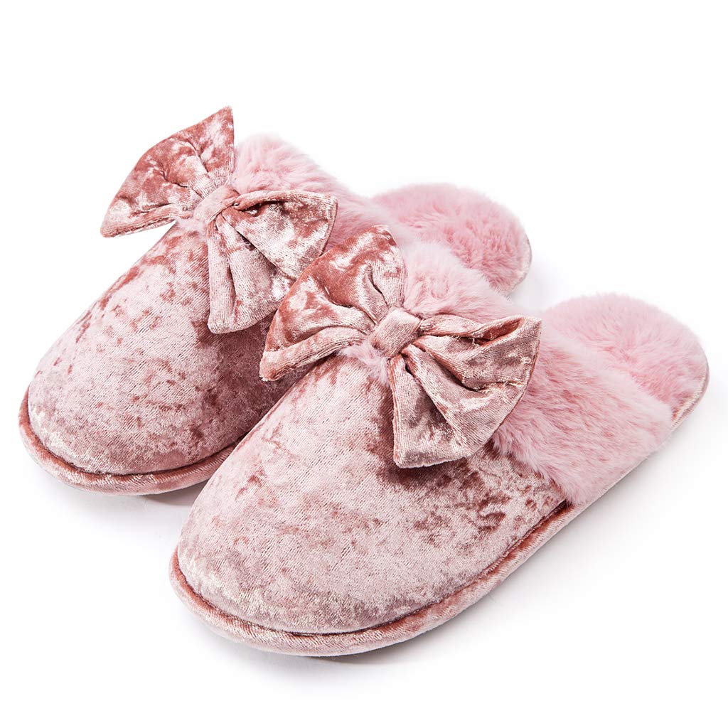 DLWomens Fluffy Velvet Slip on Scuff Slippers for Women Indoor, Warm Furry  Ladies Bedroom Slippers with Non Slip Outsole Pink Gray Size 5-6, 7-8, 9-10