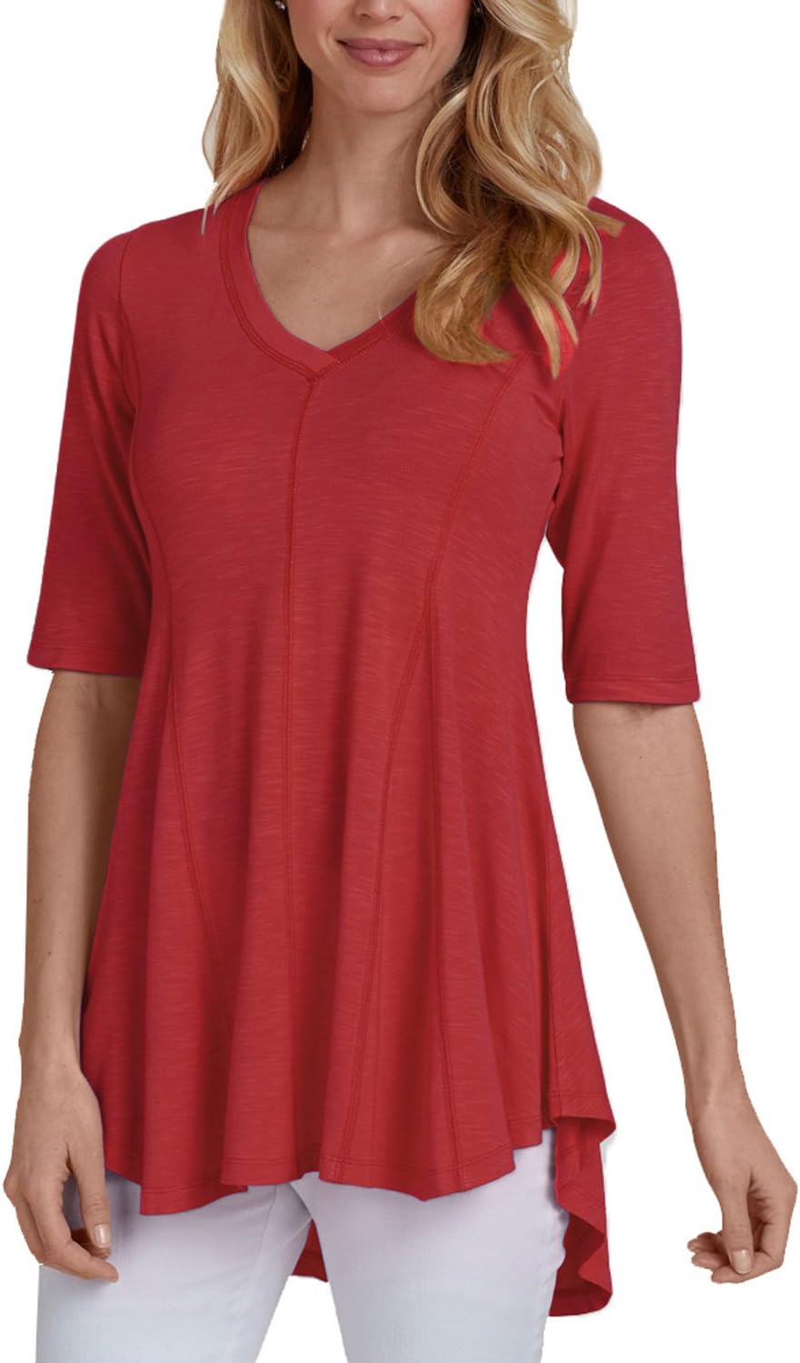 CANIKAT Womens Casual V Neck Short Sleeve Solid Juniors T Shirt Asymmetric High Low A-Line Tunic Tops L Red