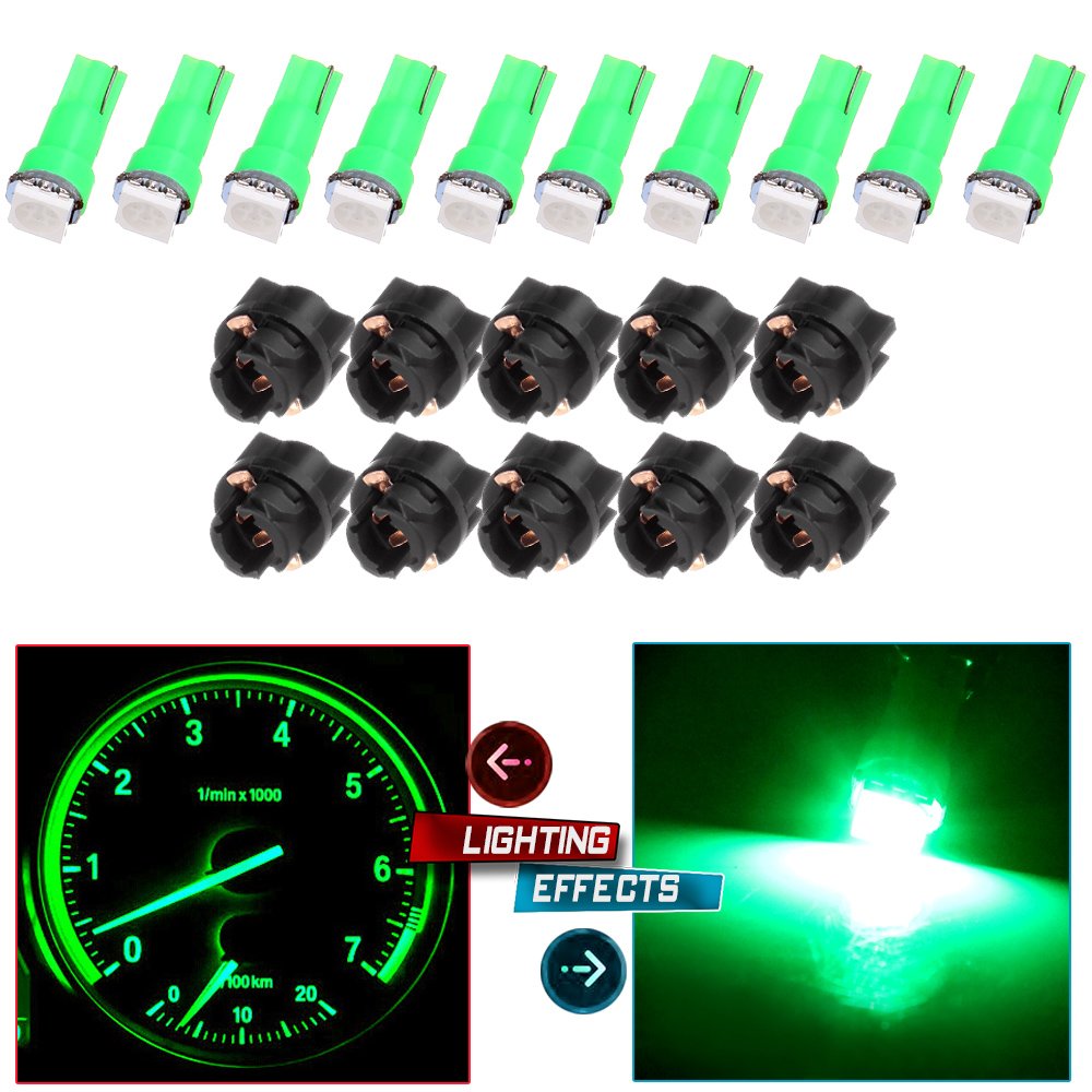 cciyu 10pcs T5 74 85 58 37 27 17 1-5050-SMD LED w/Black Twist Sockets Instrument Panel Dash Light Bulbs (green)
