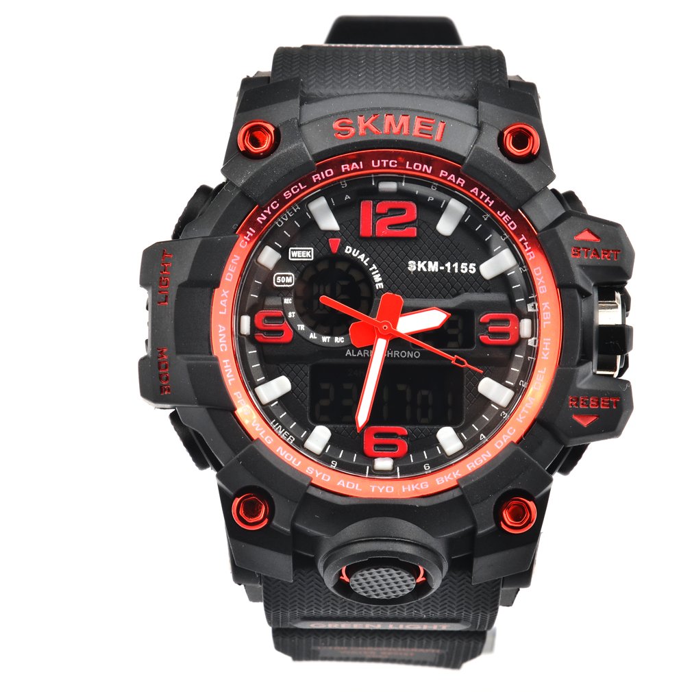 Oumosi - Orologio da polso da uomo, stile militare, con LED, digitale e analogico multifunzione, sportivo Red