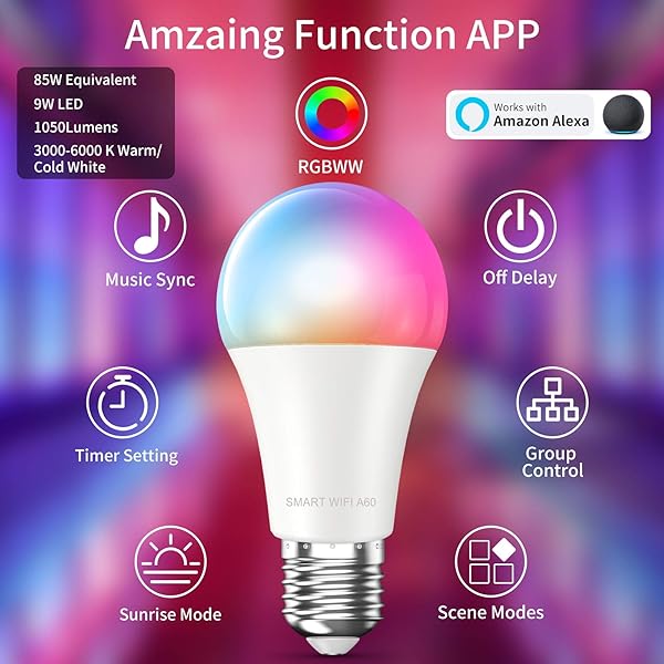 MMcRRx Alexa Smart bombilla led E27 bombilla led wifi inteligente Compatible con Alexa Google Home Echo 850 LMluces clidas Cambio de color con control de aplicacinregulableno requiere entrada