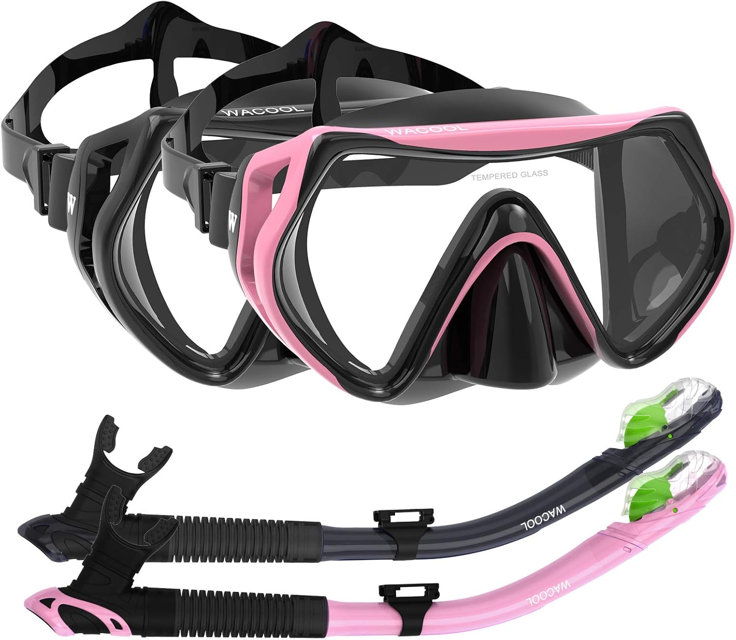 WACOOL Adults Snorkeling Snorkel Diving Scuba Package Set with Anti-Fog Coated Glass Purge Valve and Anti-Splash Silicon Mouth Piece for Men Women (Black+Pink) : Sports & Outdoors