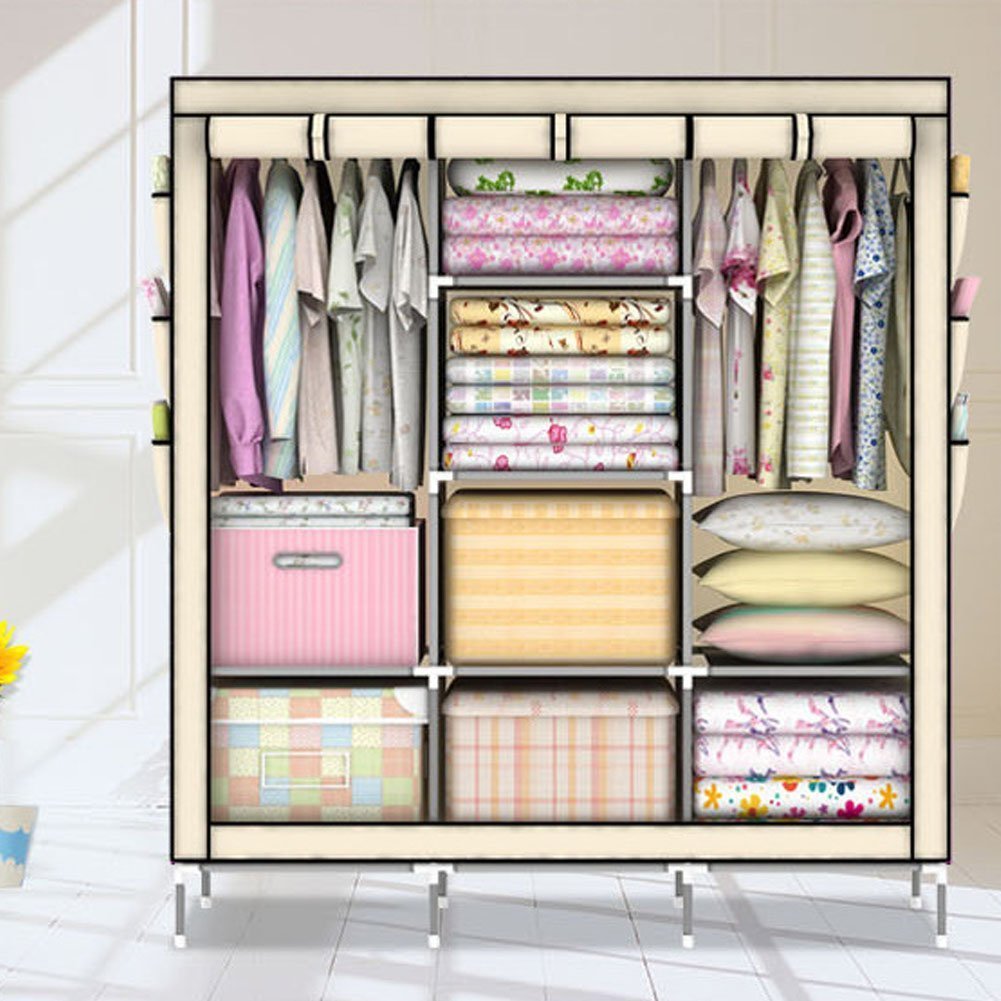 ONEGOL Portable Clothes Closet Non-woven Fabric Wardrobe Double Rod Storage Organizer with Shelves (Beige)