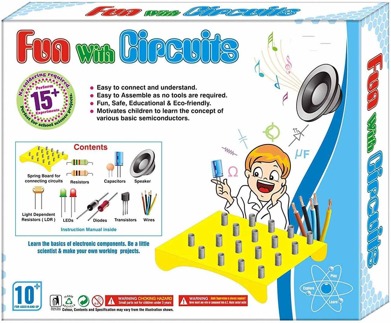 Fun with Circuits Game School Project Perform 15+ Experiments No Soldering Required Learning and Educational Easy to use Electronic Components Working Projects