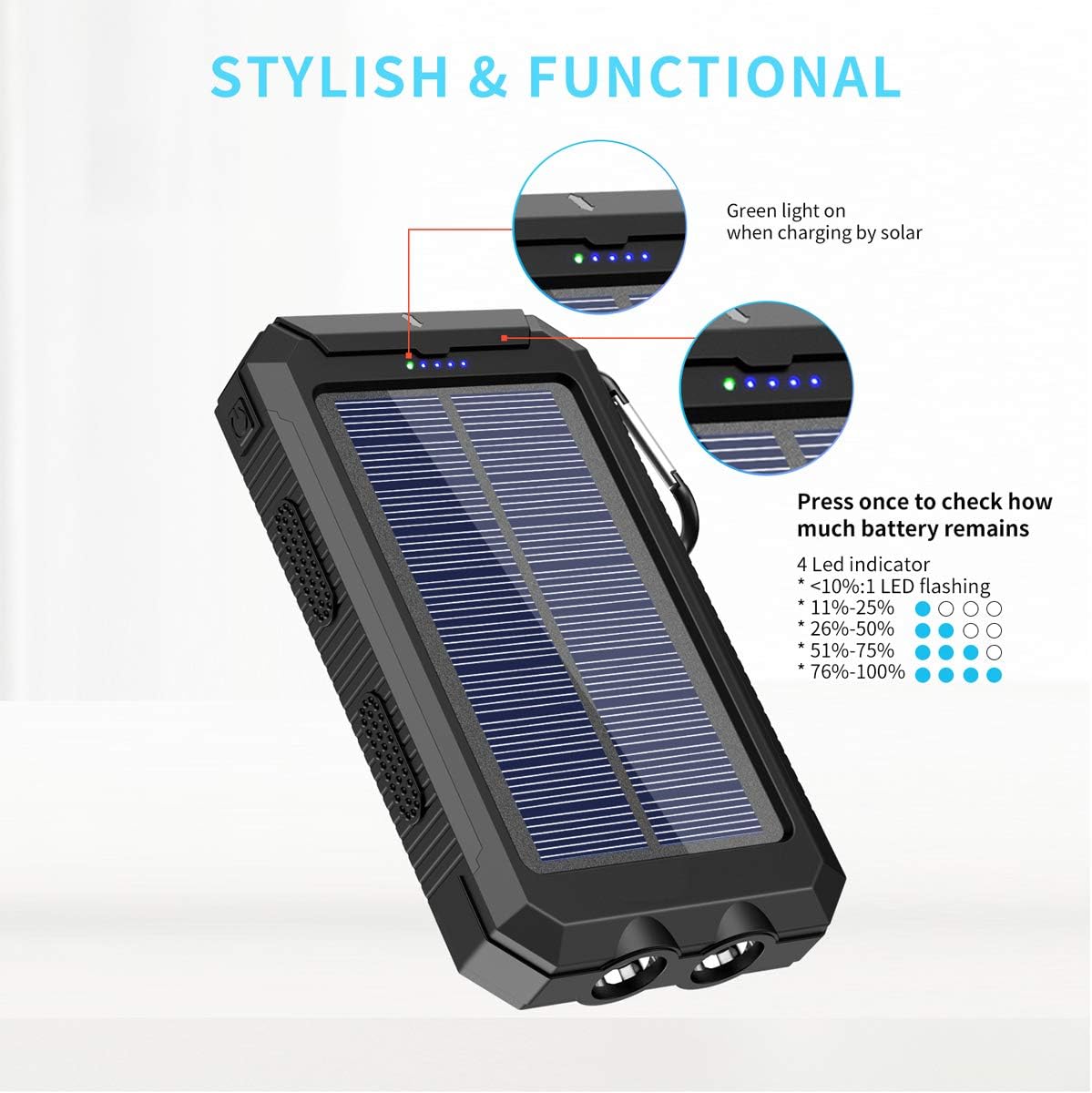 Solar Charger, 20000 mAh Portable Solar Power Bank for Cell Phone Waterproof External Backup Solar Battery Charger with Dual 2 USB Port/LED Flashlights Compatible All Smartphone, Tablet, and More