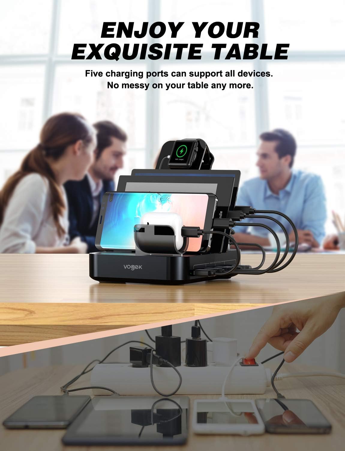 Charging Station, Vogek 50W 10A 5-Port USB Charging Station for Multiple Device with 8 Short Mixed Cables Watch & Airpod Stand Included for Cell Phones, Smart Phones, Tablets, iWatch, Airpods -Black