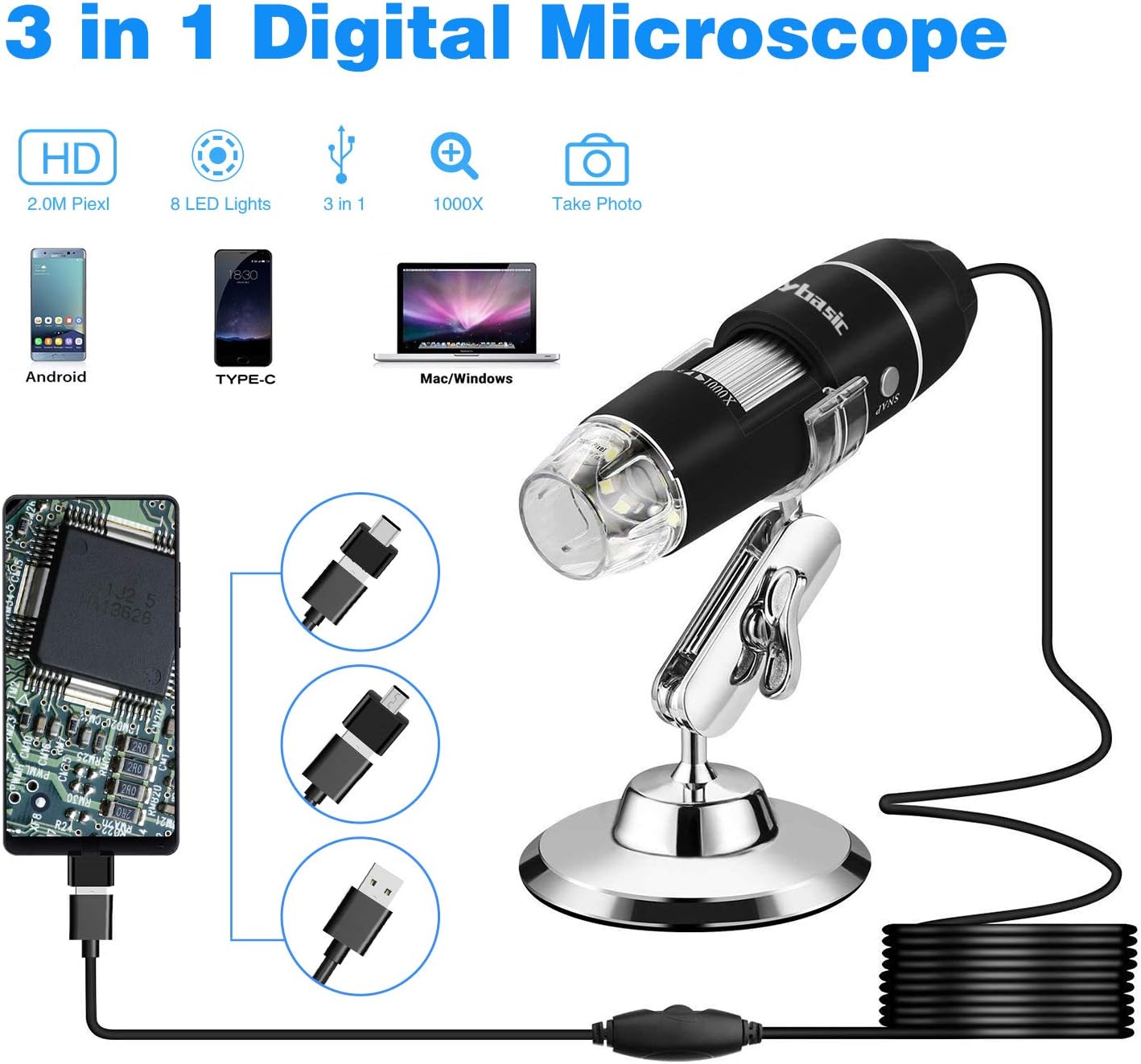 USB Microscope, Skybasic 50X to 1000X Digital Handheld Microscopes Camera 8 LED 1080P 2.0 Megapixels USB USB-C Magnification Compatible with Android Mac Windows Devices