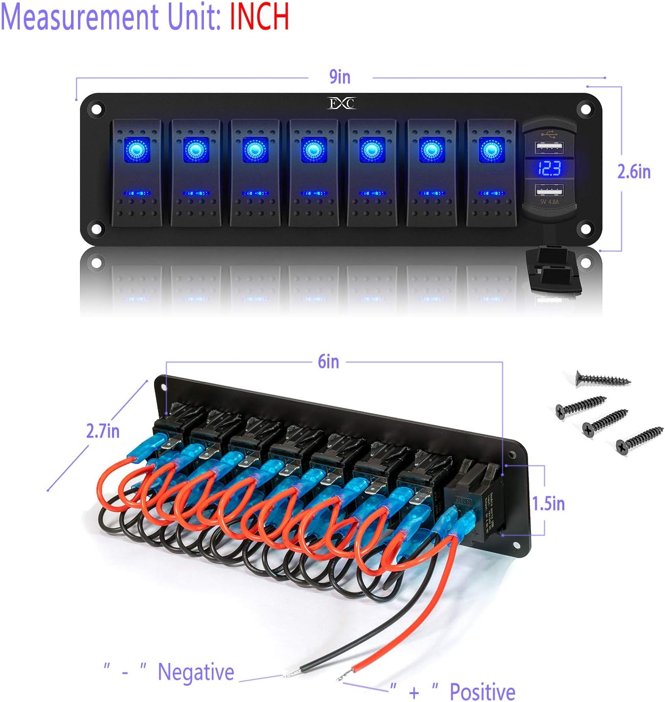 Purishion 7 Gang Rocker Switch Aluminum Panel with Voltmeter & Dual USB(4.8 Amps) Fast Charging, Blue Backlit Led, Pre-Wired IP65 Waterproof for Marine, Boat, Car, Truck, Polaris, Jeep (Blue): Automotive