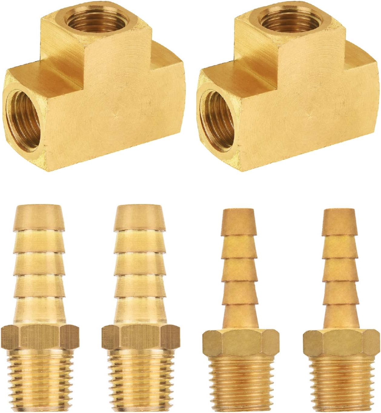 SUNGATOR 1/4" NPT Female Barstock Tee, 1/4" NPT x 1/4" Hose Barb, 1/4" NPT x 3/8" Hose Barb Adapter Set, Brass Pipe Fitting and Air Hose Fitting (6-Pack)