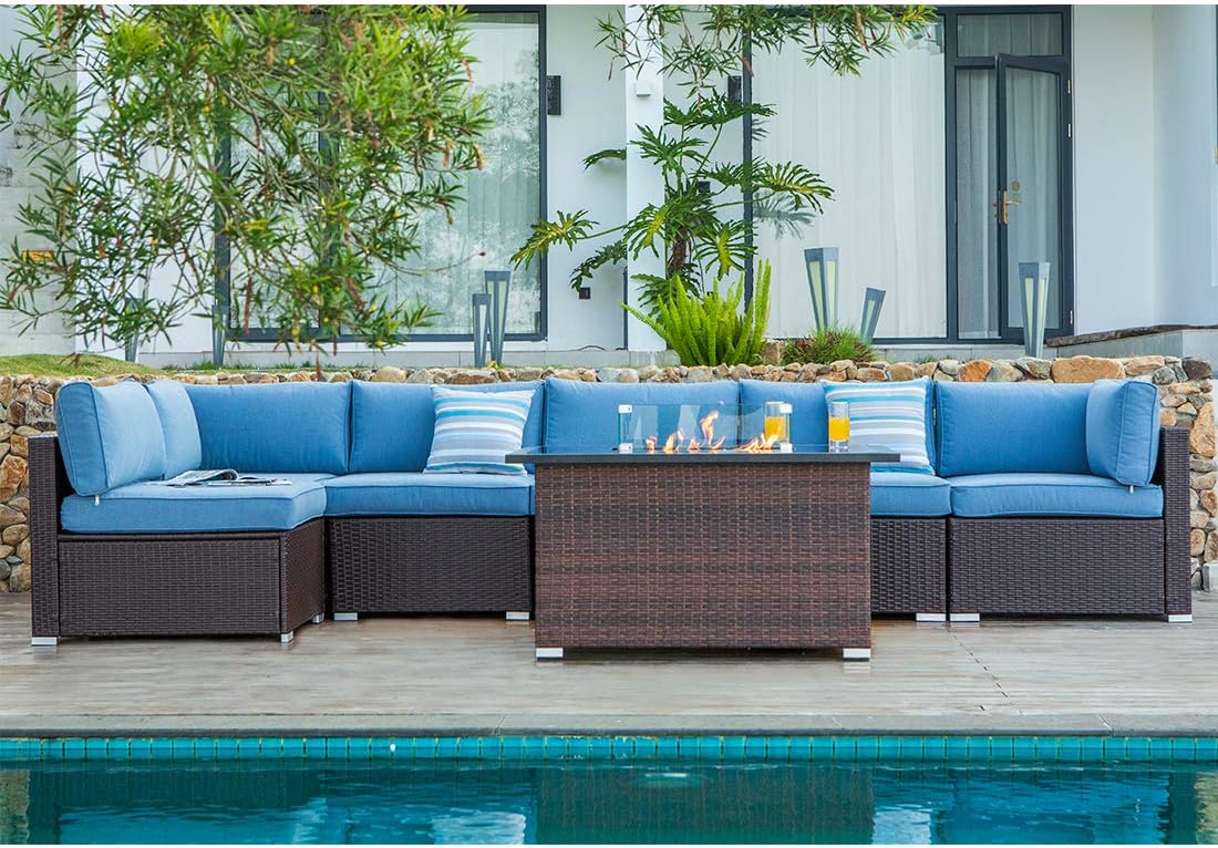 COSIEST8-Piece Propane Fire Pit Outdoor Wicker Sectional Sofa Set, Chocolate Brown Patio Furniture w 44-inch x 32-inch Rectangle Fire Table (40,000 BTU), Wind Guard, Internal Tank Storage