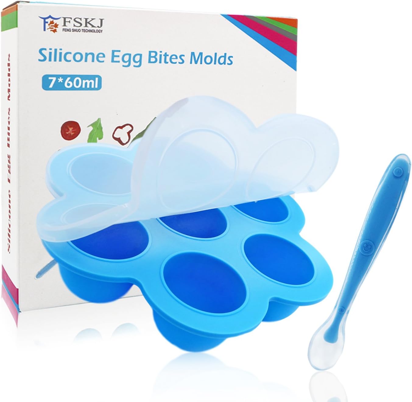 Silicone Egg Bites Molds for Instant Pot Accessories - Reusable Baby Food Storage Container Freezer Tray with Silicone Feeding Spoons - Ice Cube Tray (blue)