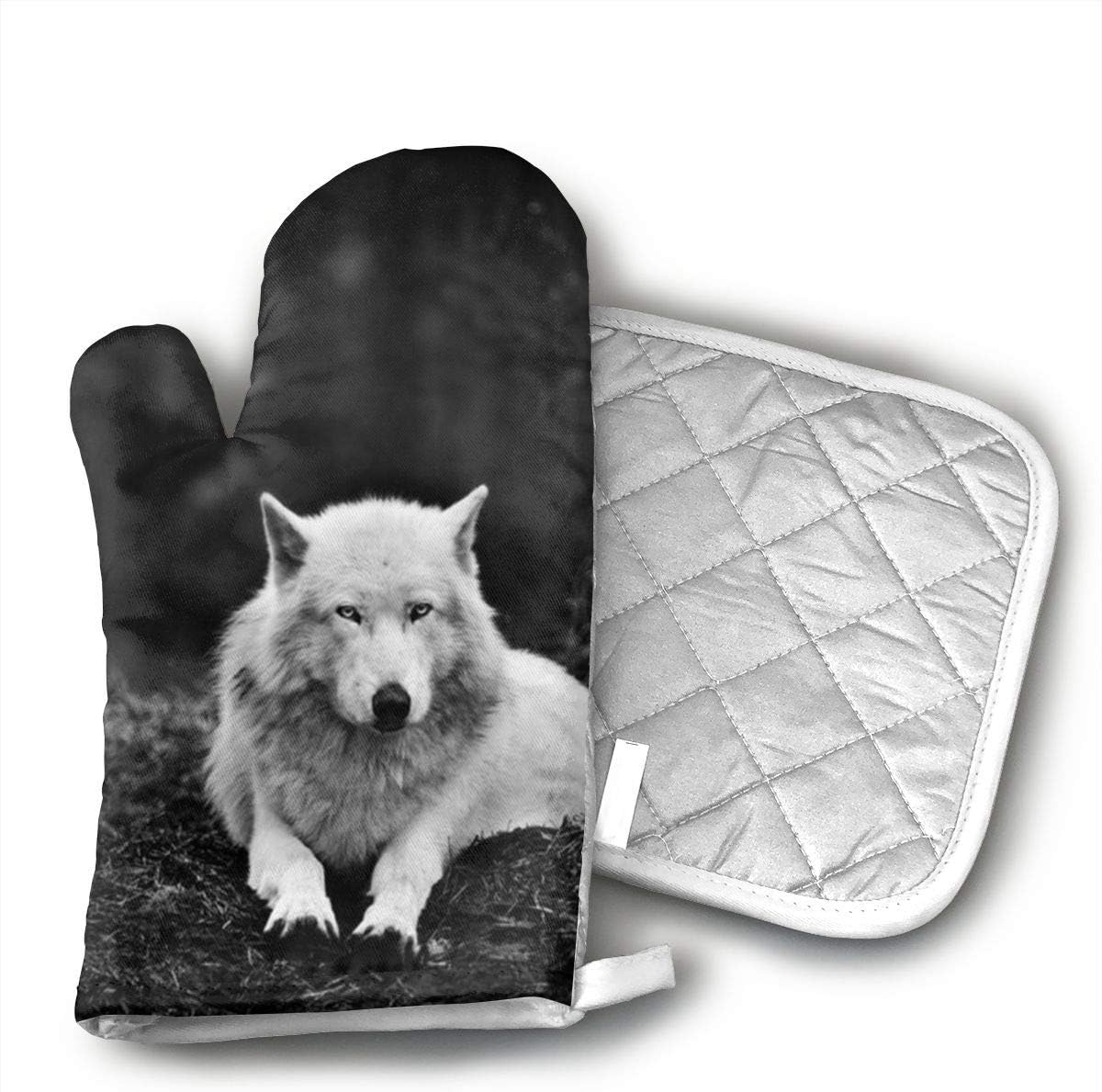 UYRHFS Wolf Wolves Black Oven Mitts and Pot Holder Kitchen Set with, Heat Resistant, Oven Gloves and Pot Holders 2pcs Set for BBQ Cooking Baking