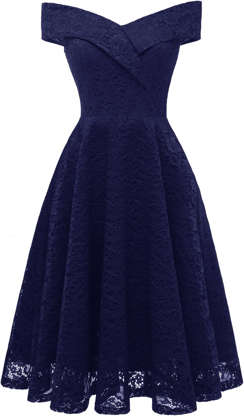 Women's Vintage Dresses Floral Lace Off Shoulder Boat Neck Cocktail Formal Swing Dress