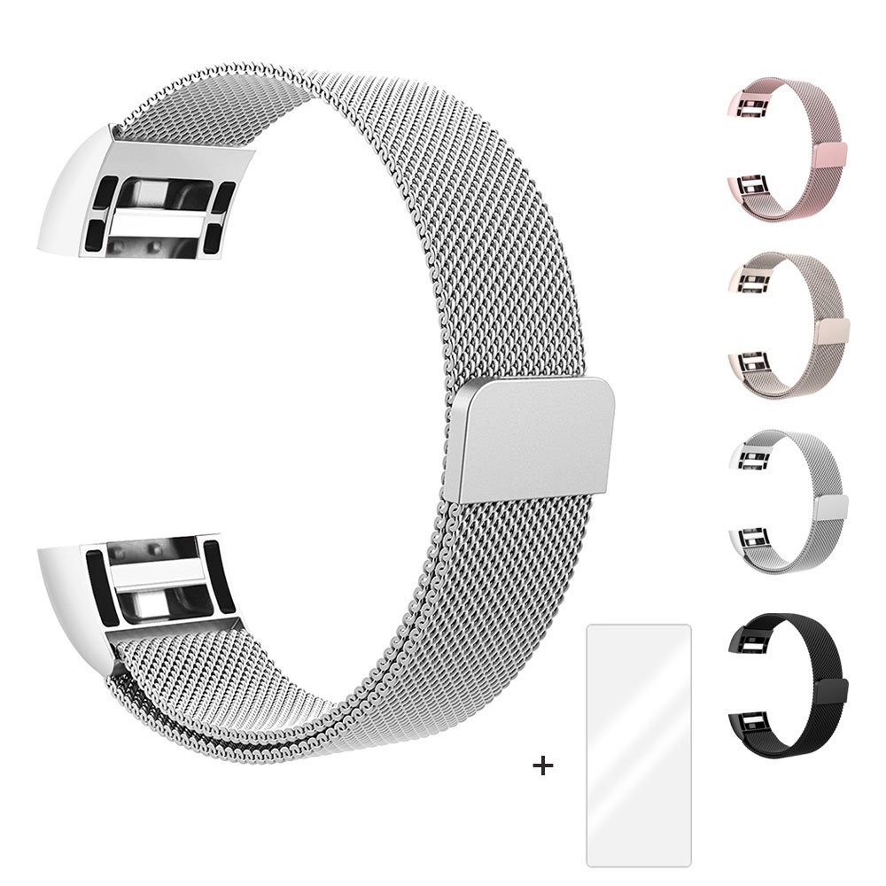 Fun Sponsor Fitbit Charge 2 Armband, Milanese Edelstahl Handgelenk Ersatzband Armbänder mit Magnet-Verschluss für Fitbit Charge2 Silber + Bonus Displayschutzfolie by