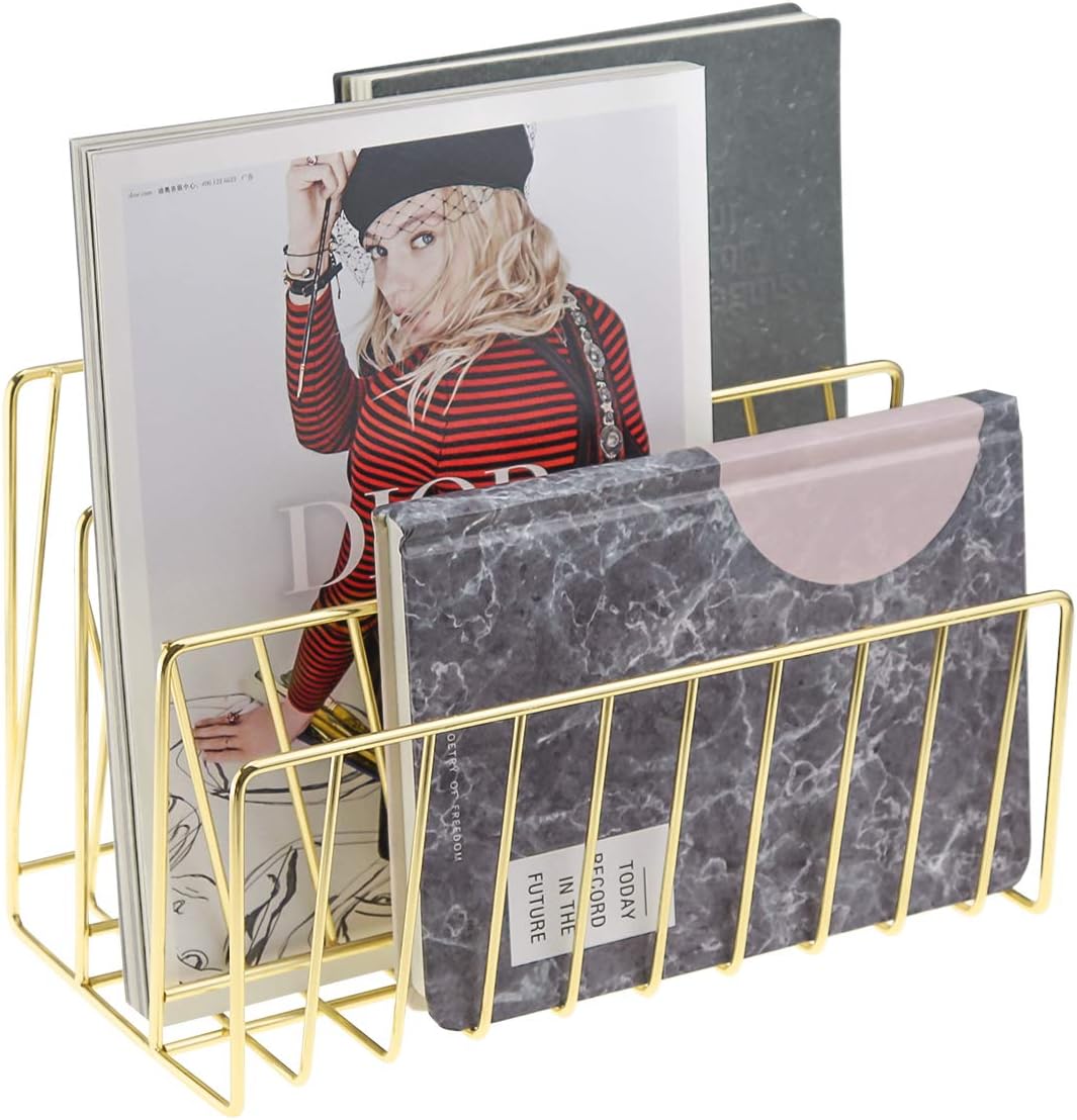 LEORISO Mail Organizer, 3 Slots Letter Sorter, Metal Mail Holder, Office Organization for Mails, Files, Books, Brochures & Postcards (Gold)