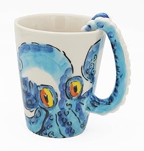 3D Coffee Mug, Handmade Hand Painted Creative Art Mug Ceramic Milk Cups Travel Mug Ocean Octopus Squid Style with Octopus Tentacles Beard Handle