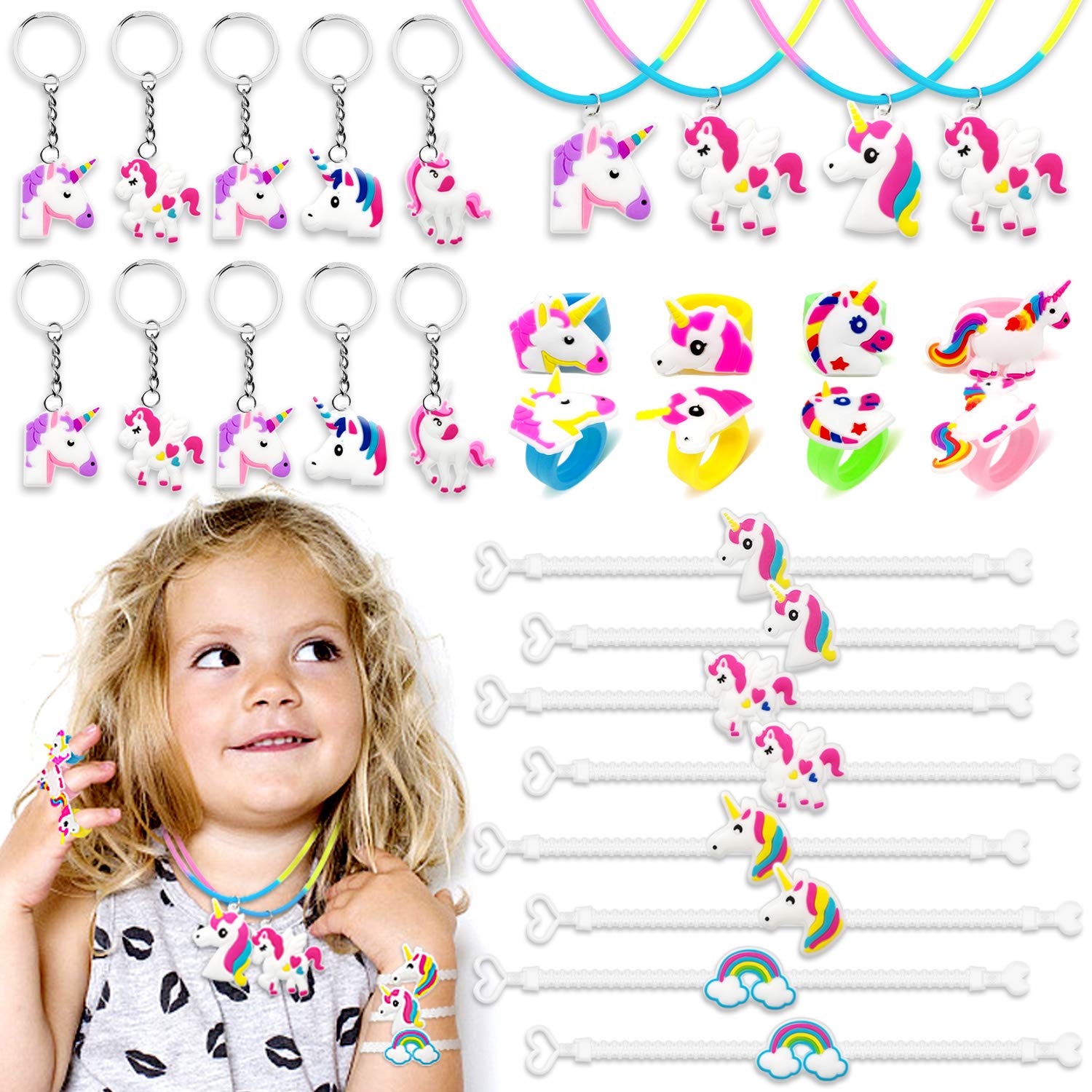 Amteker 30 Pcs Einhorn Party Set - Einhorn Armband, Einhorn Ring, Einhorn Halskette, Einhorn Schlüsselanhänger, Einhorn Adventskalender, Party Mitgebsel Kinder, Party Deko Kindergeburtstag