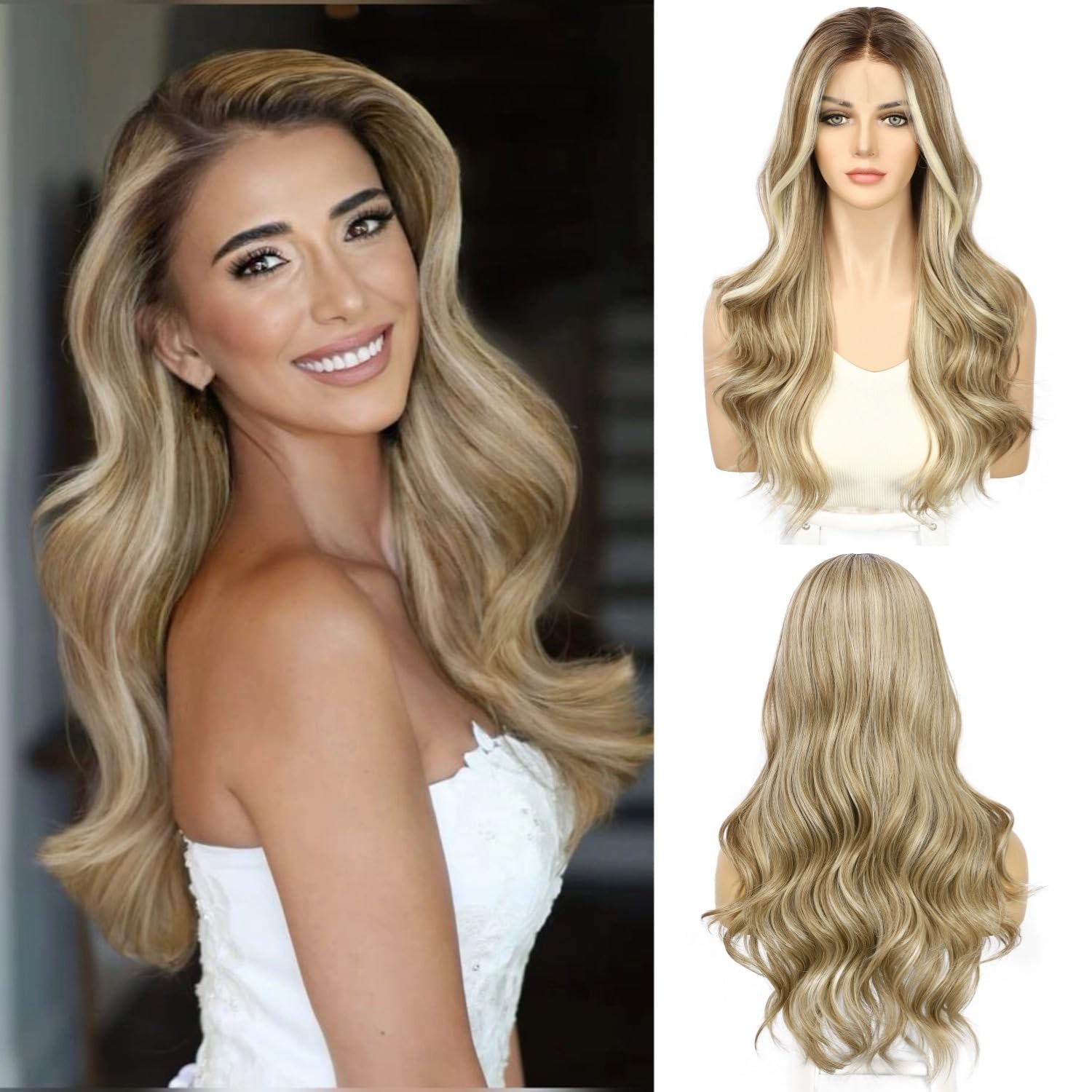 Sapphirewigs Blonde Lace Front Wig 13x4 Synthetic Wigs Body Wave Highlight Blonde Lace Front Hair Pre-plucked Daily Wear Party Christmas Date 22 inch
