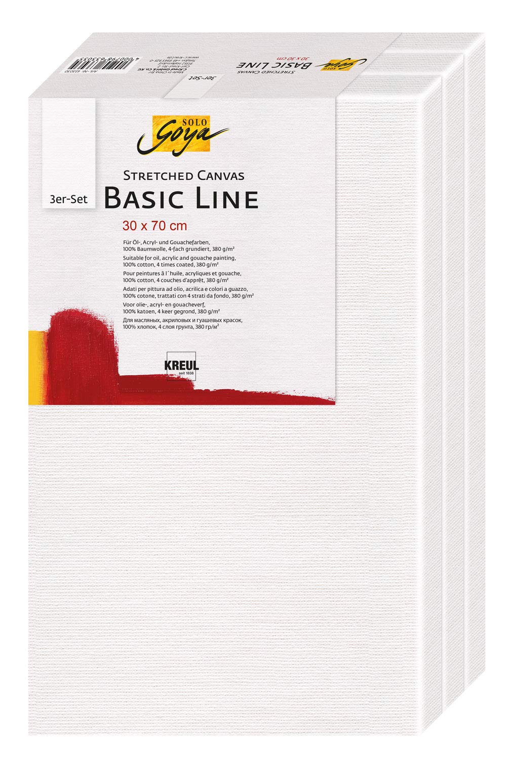 KREUL Solo Goya 633070 Stretched Canvas Basic Line Stretcher Frame 30 x 70 cm Set of 3 with Cotton Canvas 4 Ply Primed Ideal for Oil, Acrylic and Gouache Paints