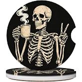 ZUSIIA Skull Peace Sign Car Cup Holder Coasters Absorbent Ceramic Coaster | 2 Pack Anti Slip Cup Mat With Cork Base And Finger Notch Car Interior Accessories 2.56 Inch Vintage Skeleton Drinking Coffee