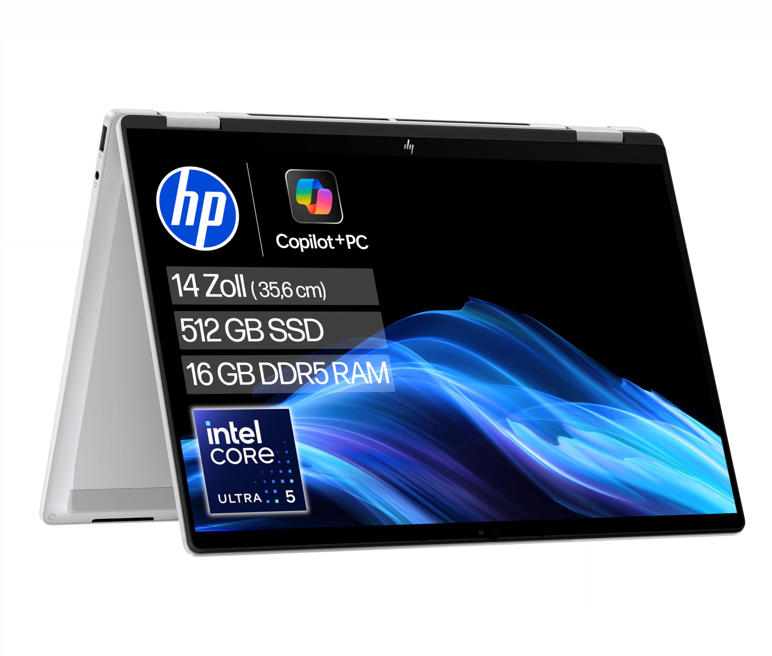 HP OmniBook X Flip Intel Core Ultra 5-226V 2in1 Next Gen AI Laptop | dedizierte NPU für KI | 40 NPU Tops | Copilot+ PC | 14" WUXGA 1920x1200 Touchscreen | 16GB | 512GB SSD | Win11 | QWERTZ | Silber