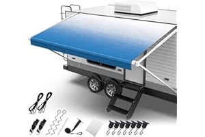 Fonzier RV Awning Fabric Replacement, 19.5oz Heavy Duty Vinyl, with Tie Down Kits & 7 Hooks & Pull Strap for Trailer Camper Awning- 13'(Fabric 12'2"), Blue Fade