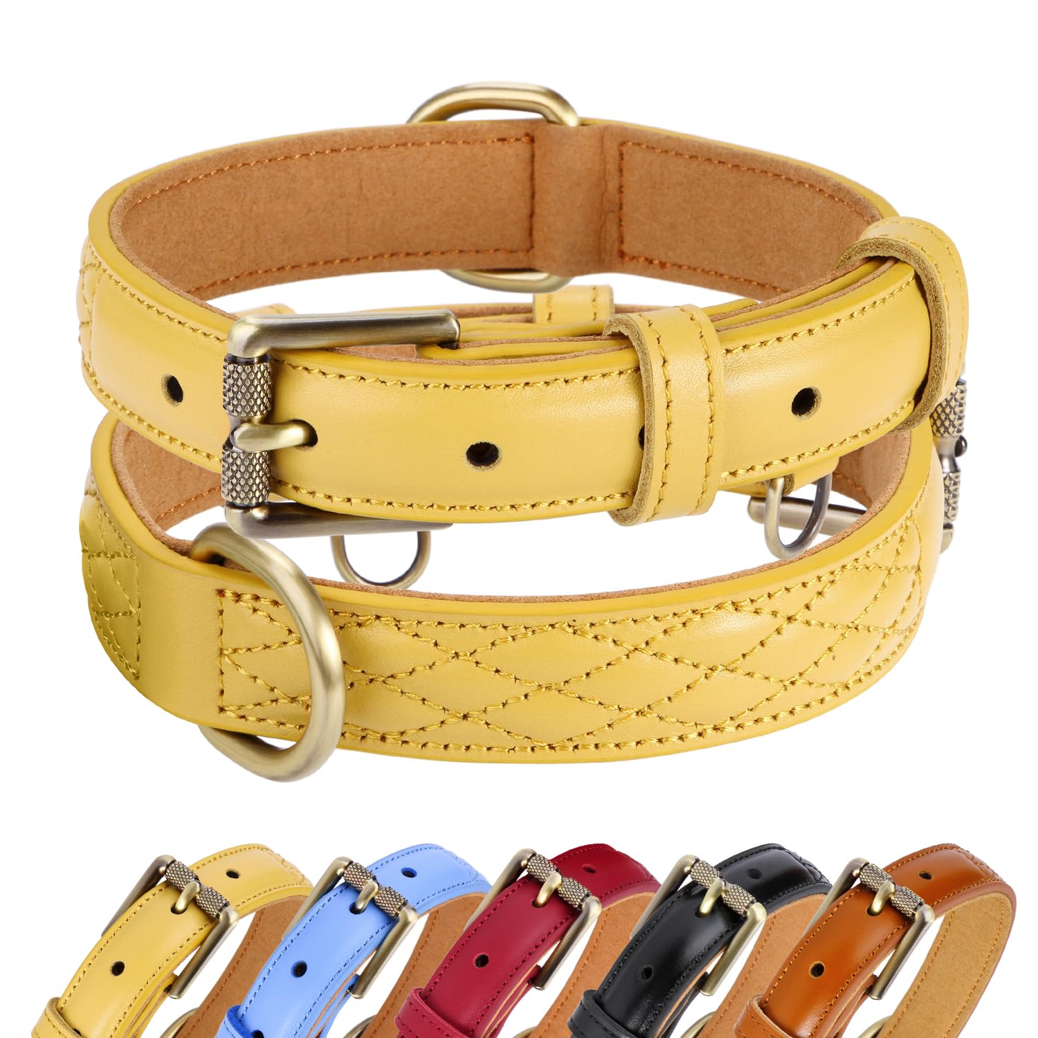 Photo 1 of CHEDE Basic Classic Luxury Padded Genuine Leather Dog Collar?Heavy Duty Dog Collar?Soft and Strong Leather Collars with Metal Buckle?Wide Dog Collar for Large Medium Small Pets (Yellow, L)