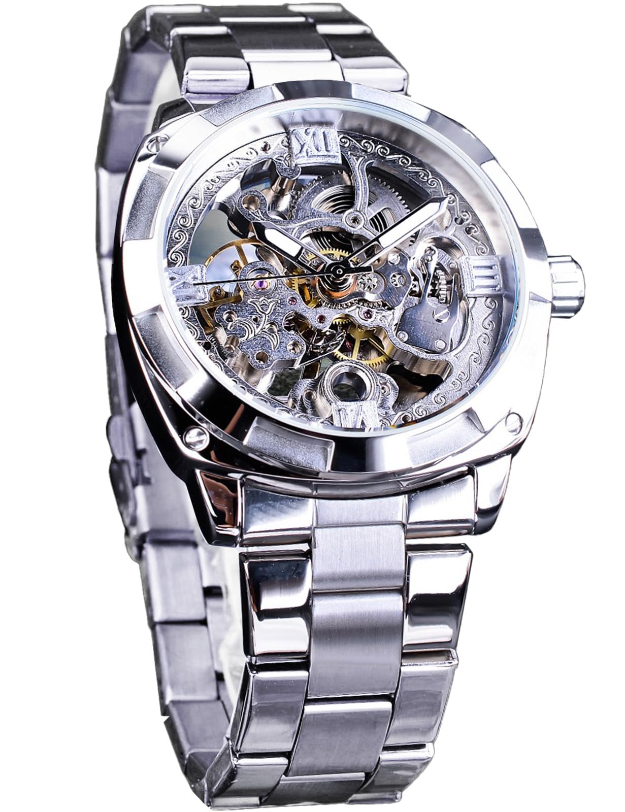Photo 1 of FORSINING Men's Luxury Skeleton Watch, Carving Hollow 41mm Big Dial with Square Bezel Wristwatch, Self-wind Automatic Mechanical Men Watches, Silver