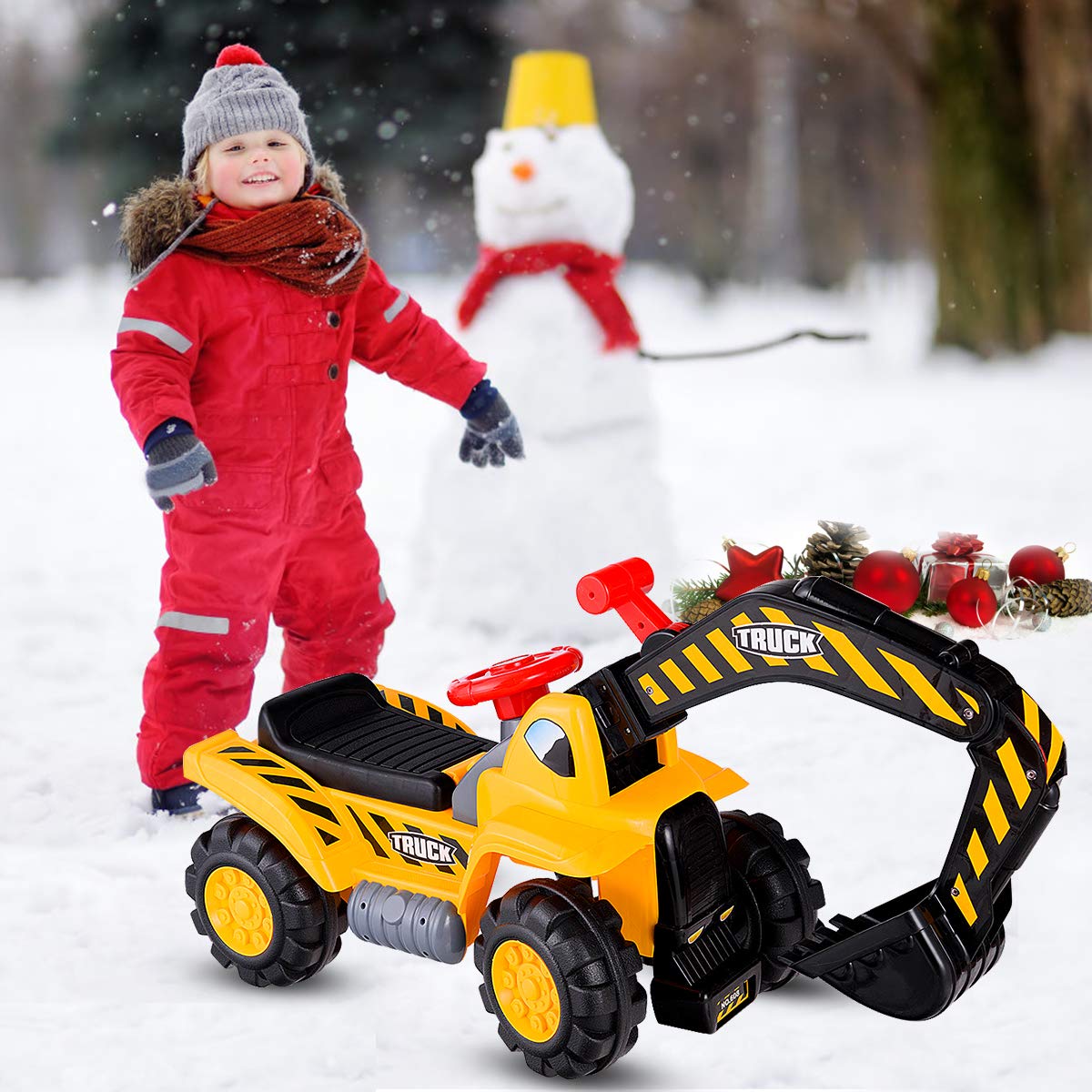COSTWAY Sitzbagger mit eingebautem Ablagefach, Kinderbagger mit Horn, Sandbagger, Rutscher Bagger, Schaufelbagger, Aufsitzbagger für Kinder ab 3 Jahren, inkl. 3 Steine und Helm 2