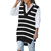 Viottiset Women's Oversized Stripe V Neck Tunic Knit Sweater Vest Sleeveless Top Black L, 1-black Stripe