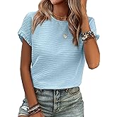 SHEWIN Womens Summer Tops Crewneck Short Sleeve T Shirts Casual Textured Work Shirt Loose Blouses