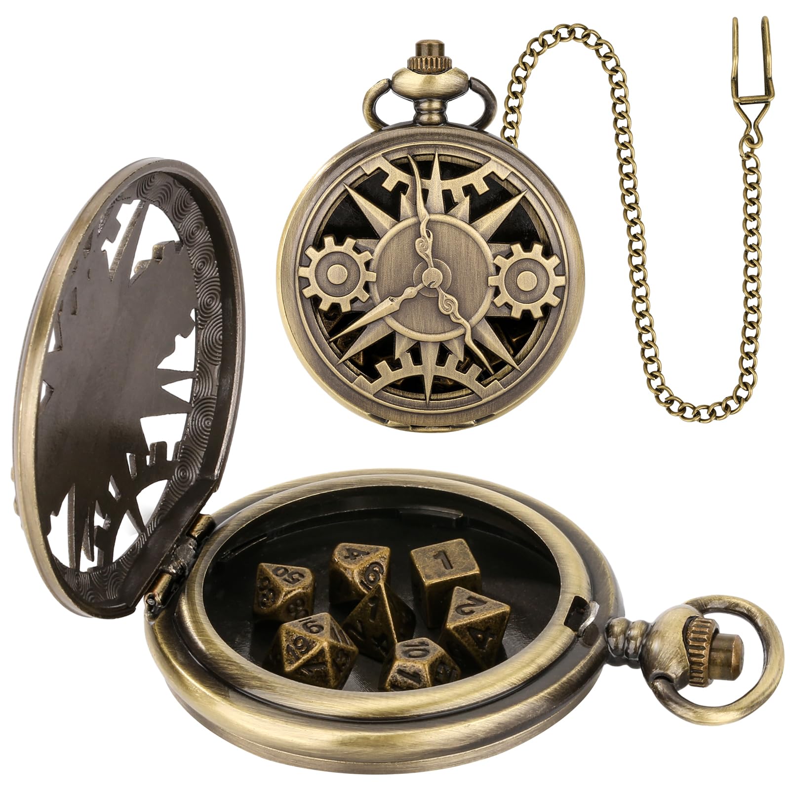 Mini Dnd Dice Set with Bronze Steampunk Hollow Pocket Watch Shell Case, 7pcs Polyhedral Metal D&D Dice Set, DND Gifts with Gift Box, Role Playing Board Games Accessories