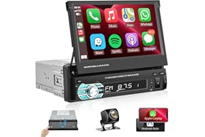 RIMOODY Car Stereo with Apple Carplay Android Auto 7 Inch Foldable HD Touchscreen Radio Supports FM Bluetooth Android/iOS Mirror Link SWC,Single Din Car Audio with AHD Backup Camera/USB/TF Card Port/AUX-in