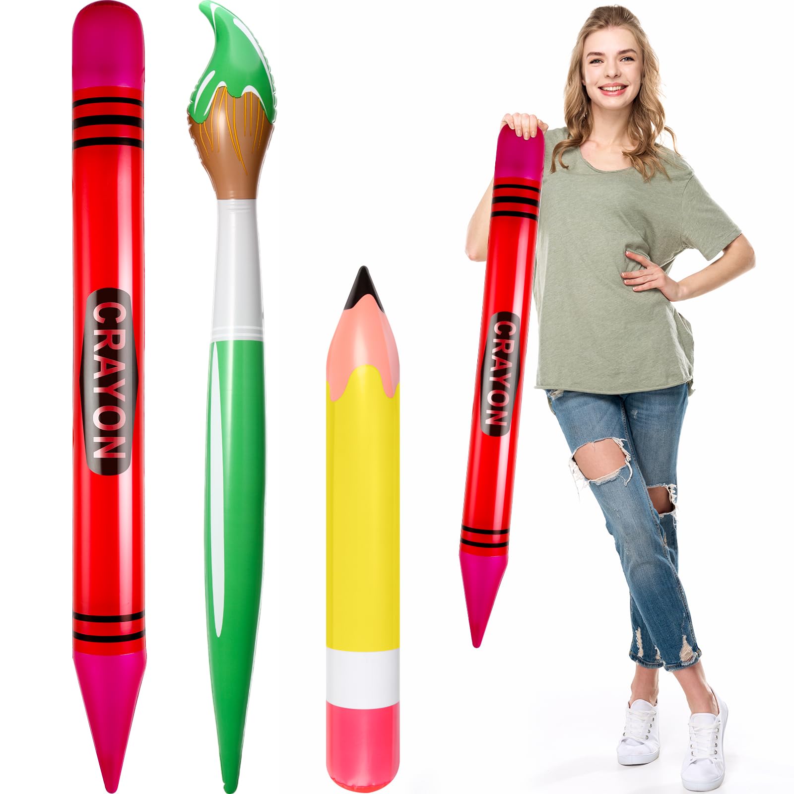 Photo 1 of Glimin 3 Pcs Inflatable Crayons Balloons Decoration Set Giant Large Crayons Pencils Paint Brush Hanging Inflatable Decor for Garden Room Birthday Back to School Party Decorations, 3 Designs(Bright)
